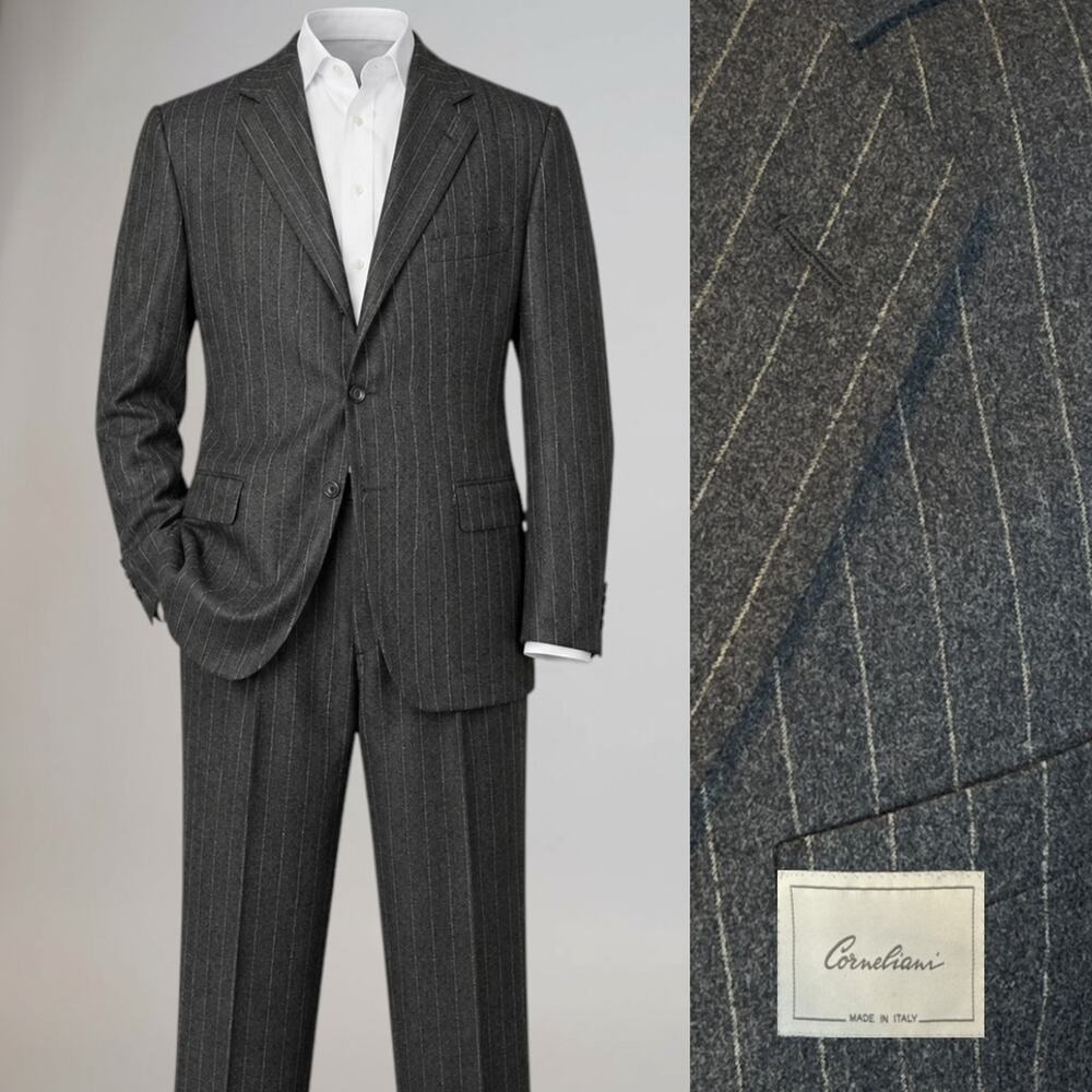 Corneliani Extrafine S110s Gray Flannel Suit 44R 36x30.5 Stripe 3/2 Roll Option